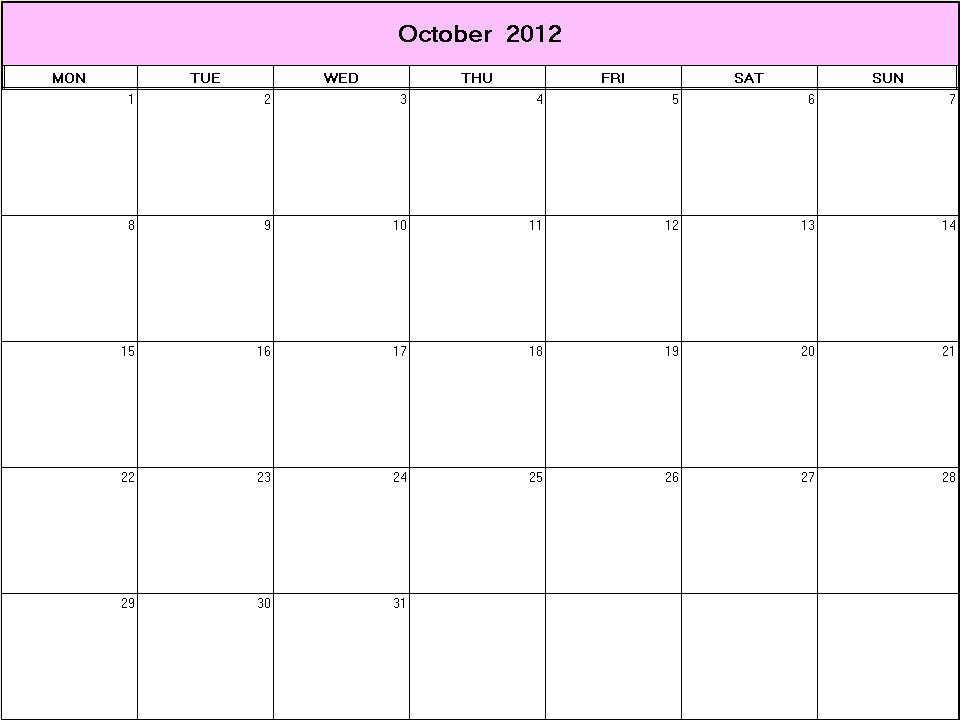 printable blank calendar image for October 2012