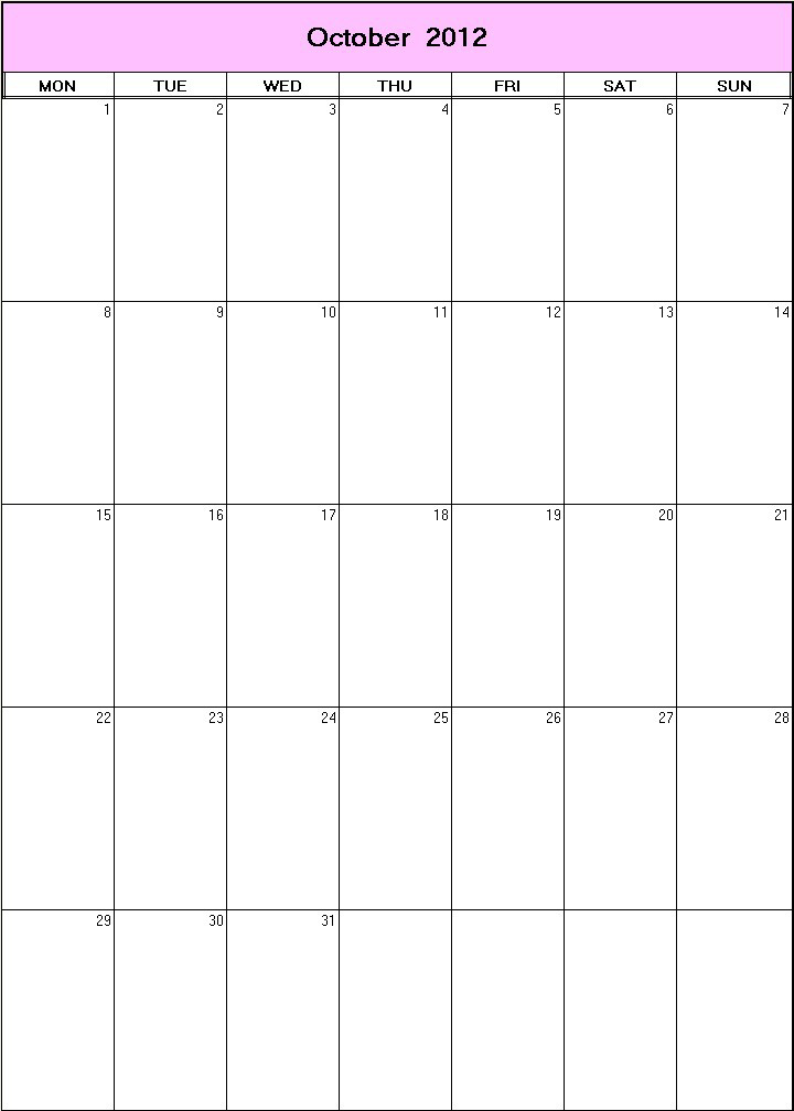 printable blank calendar image for October 2012