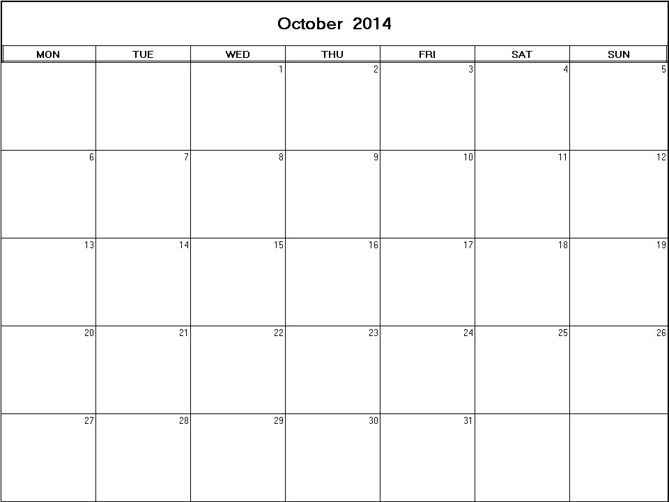 printable blank calendar image for October 2014
