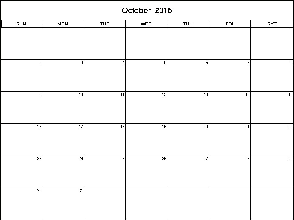 printable blank calendar image for October 2016