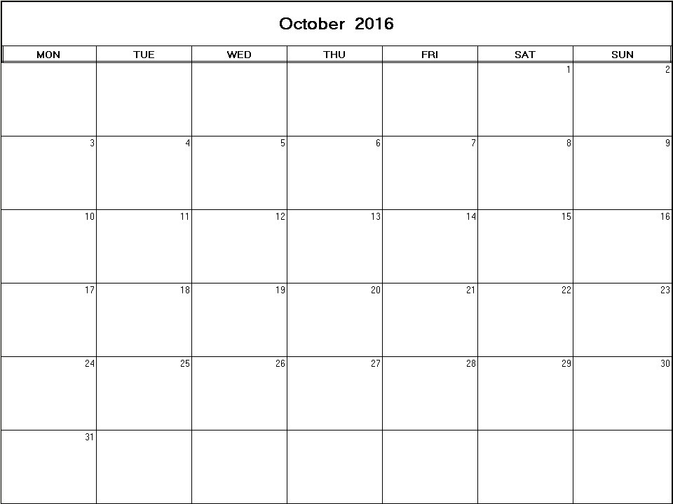 printable blank calendar image for October 2016