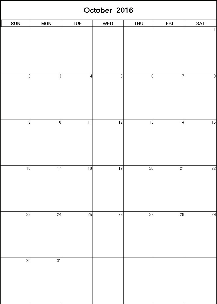 printable blank calendar image for October 2016