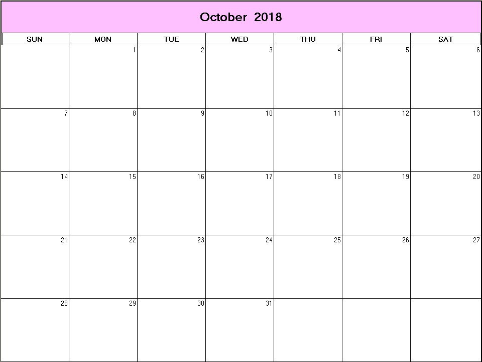 printable blank calendar image for October 2018
