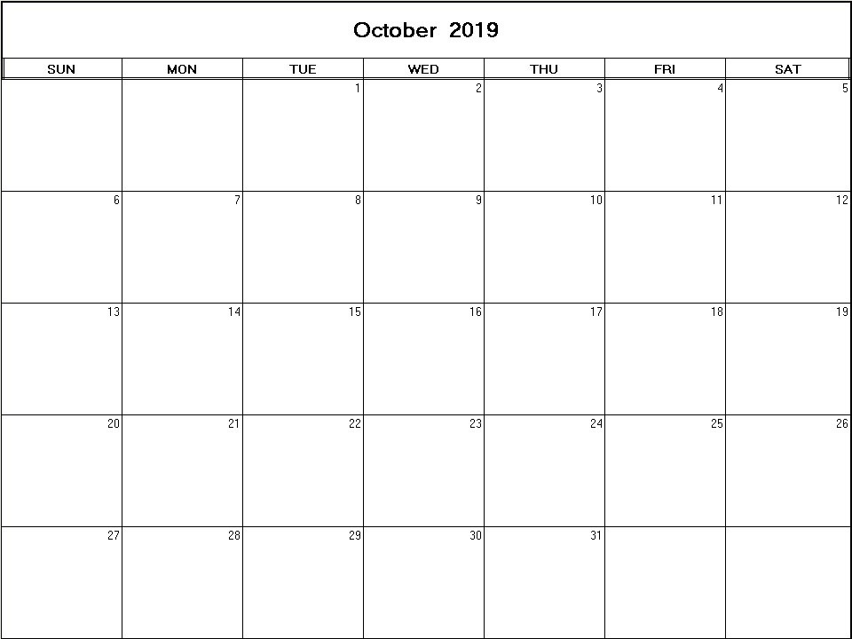 printable blank calendar image for October 2019
