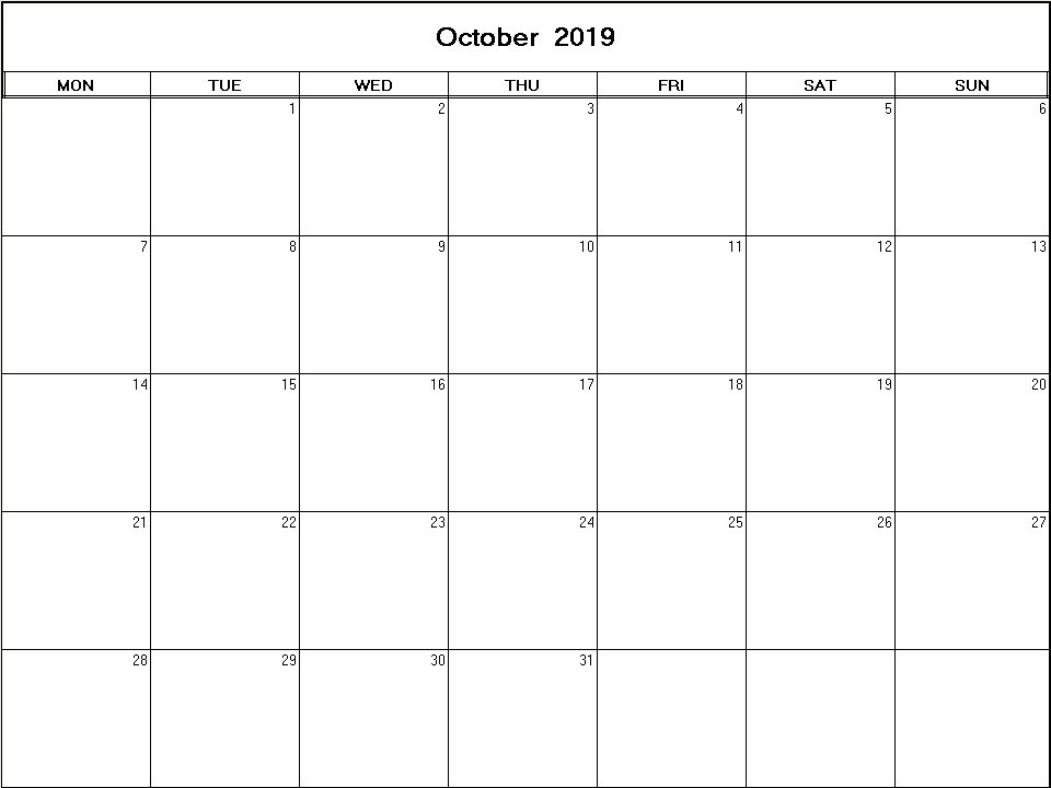 printable blank calendar image for October 2019
