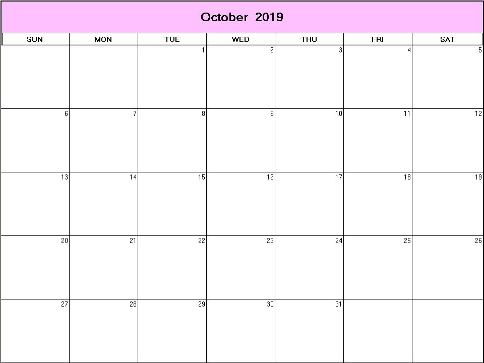 printable blank calendar image for October 2019