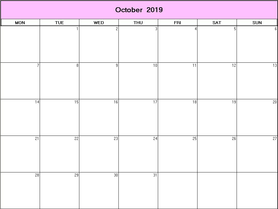 printable blank calendar image for October 2019