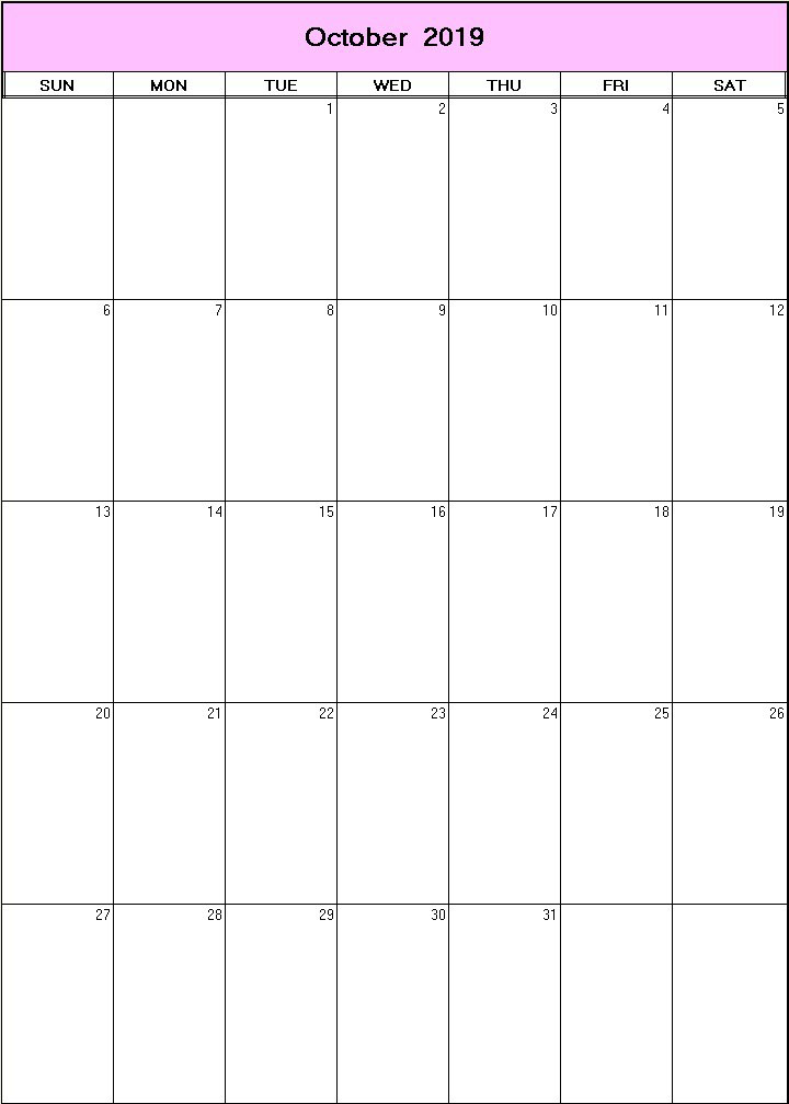 printable blank calendar image for October 2019