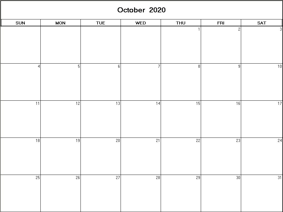 printable blank calendar image for October 2020