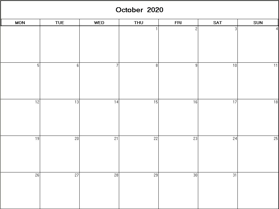 printable blank calendar image for October 2020
