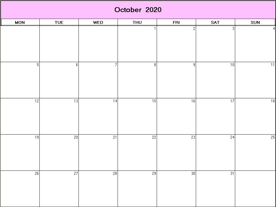 printable blank calendar image for October 2020