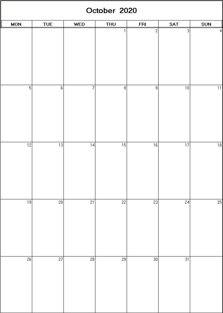 printable blank calendar image for October 2020