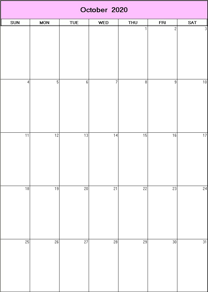 printable blank calendar image for October 2020