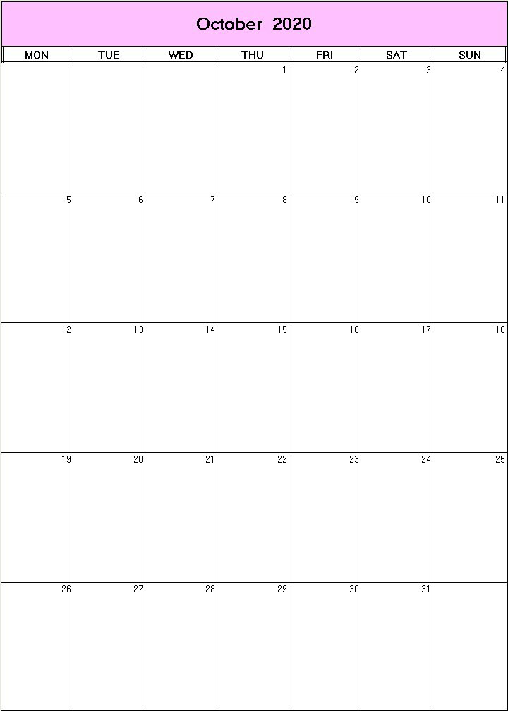 printable blank calendar image for October 2020