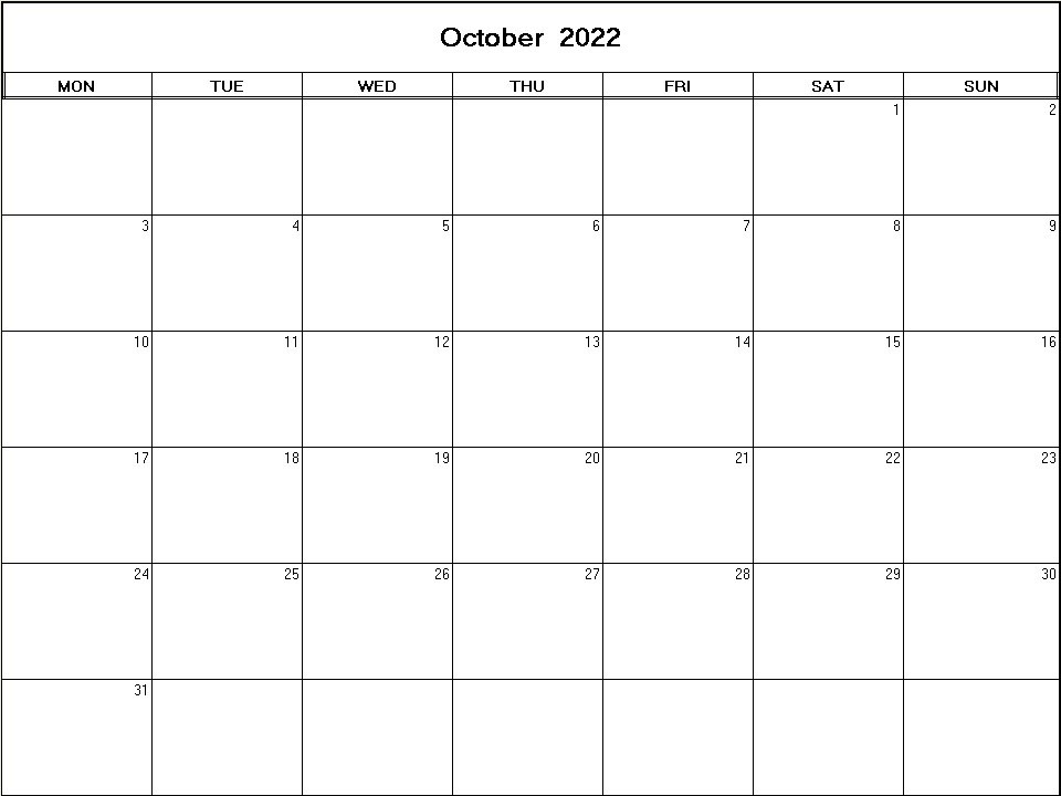 printable blank calendar image for October 2022