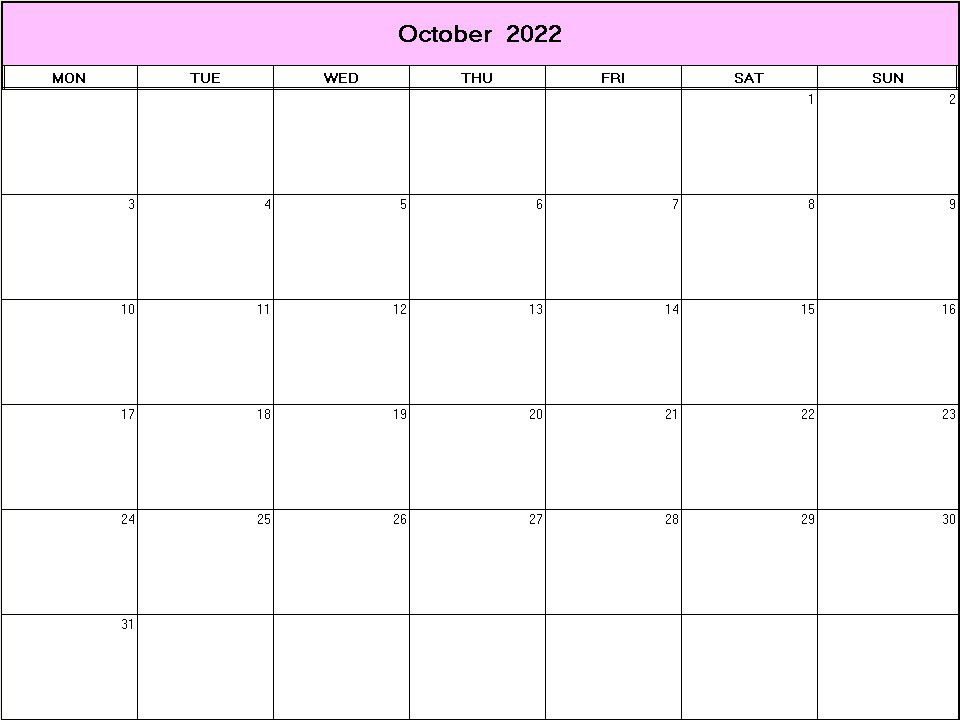 printable blank calendar image for October 2022