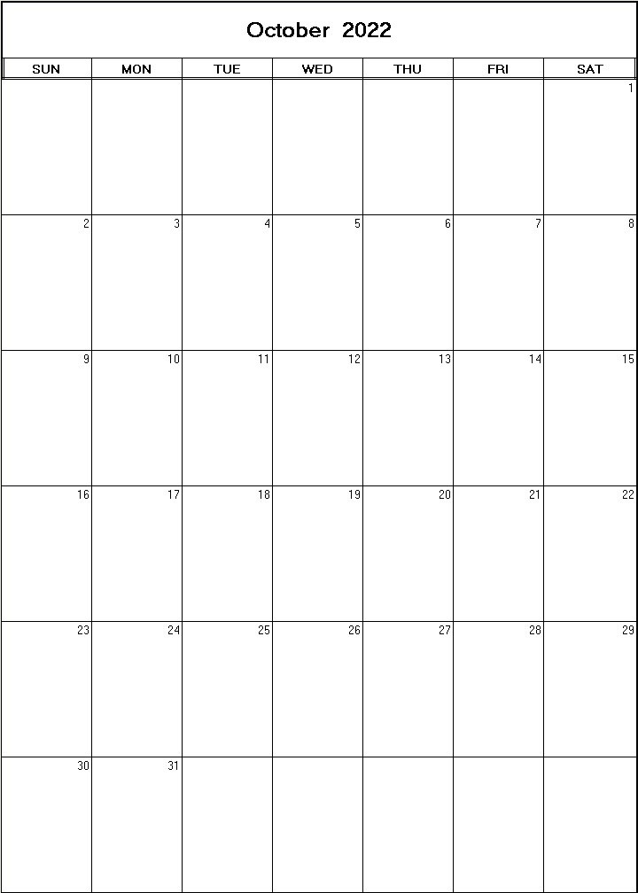printable blank calendar image for October 2022