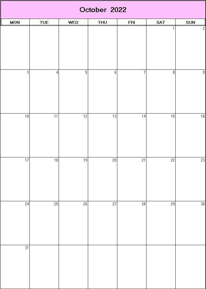 printable blank calendar image for October 2022