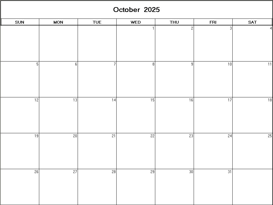 printable blank calendar image for October 2025