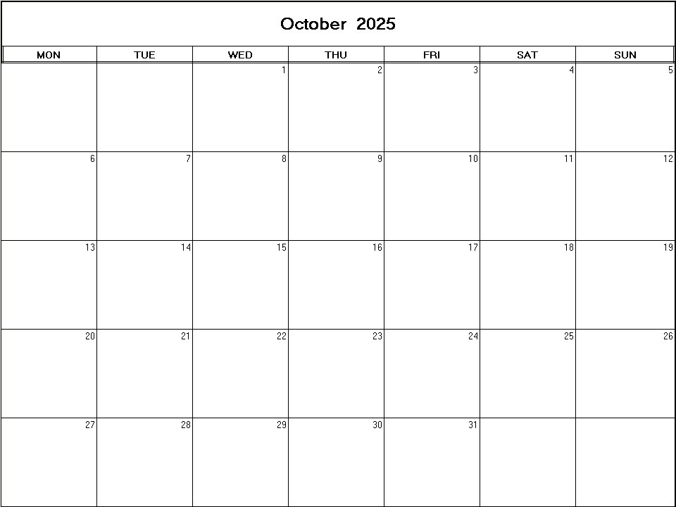 printable blank calendar image for October 2025