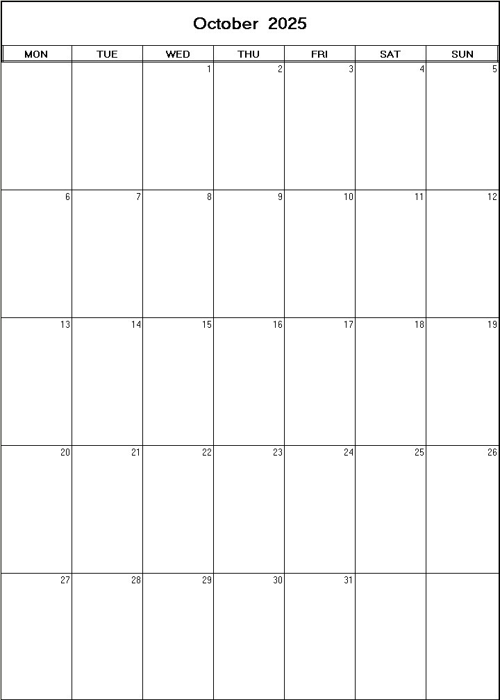 printable blank calendar image for October 2025