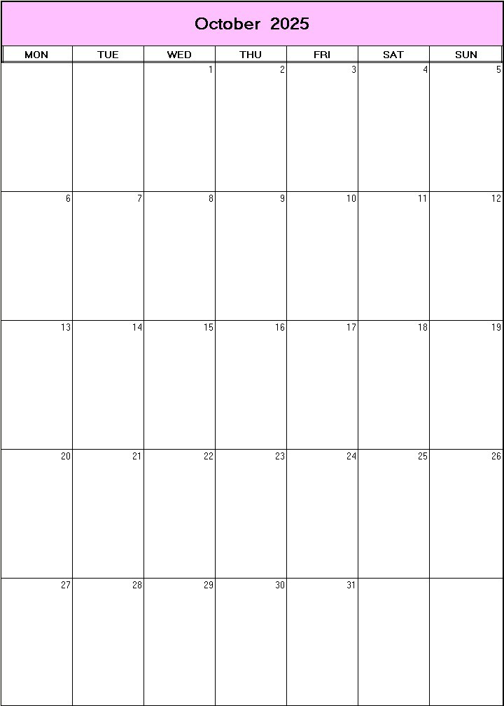printable blank calendar image for October 2025