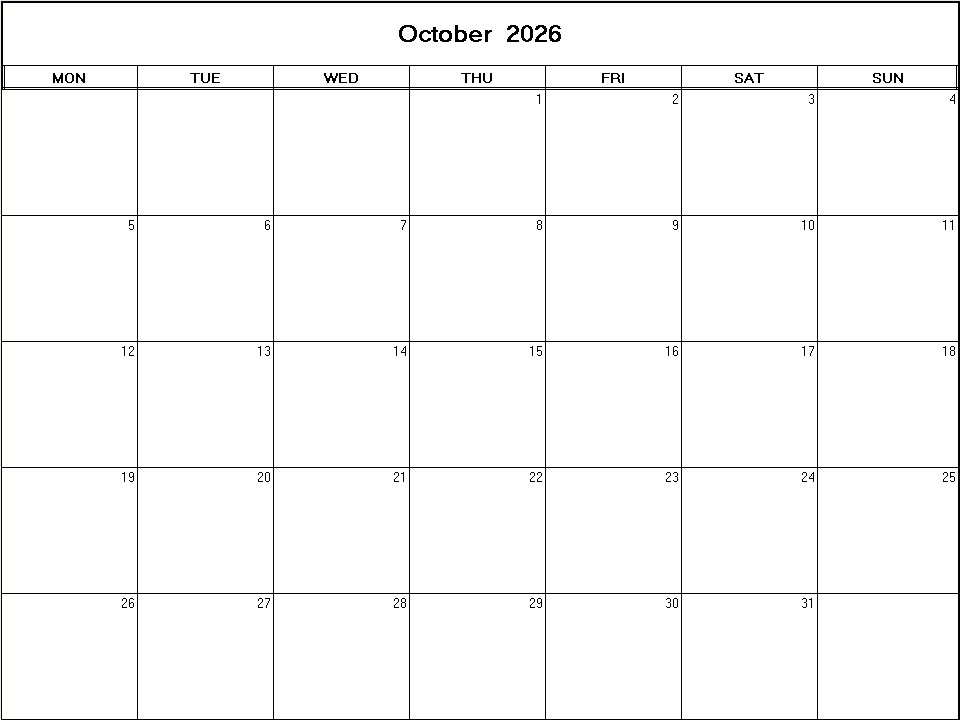 printable blank calendar image for October 2026