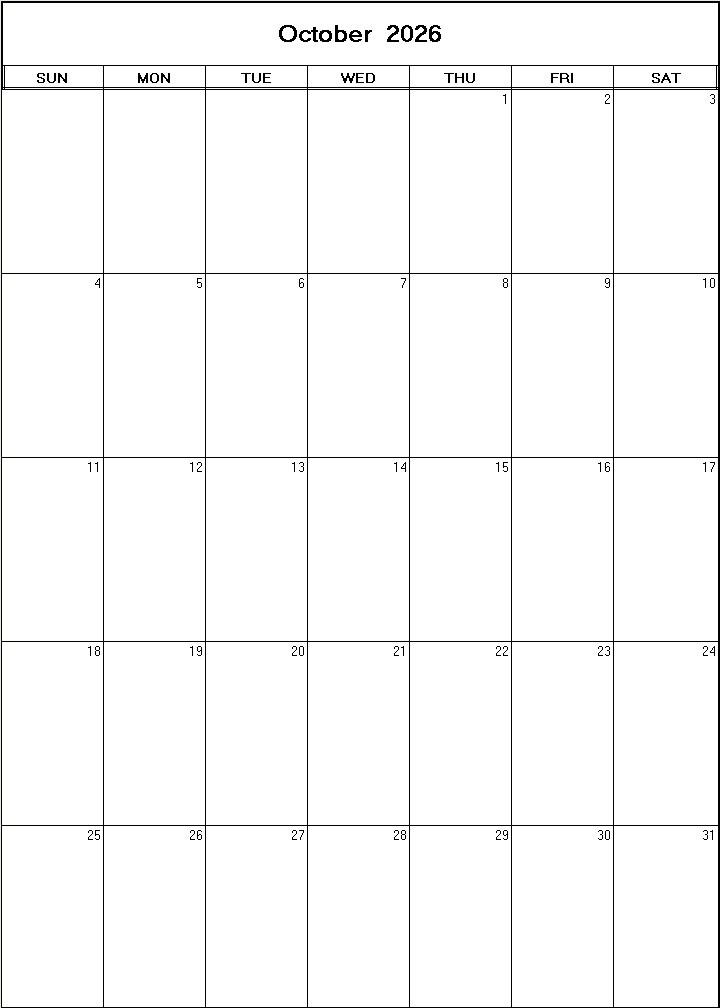 printable blank calendar image for October 2026