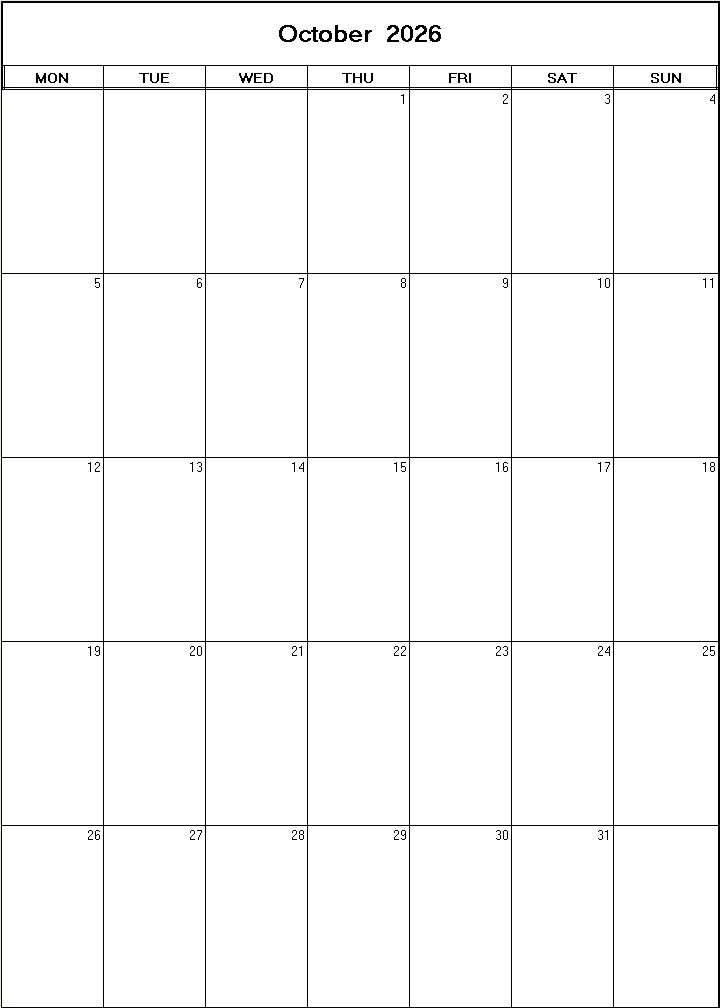 printable blank calendar image for October 2026
