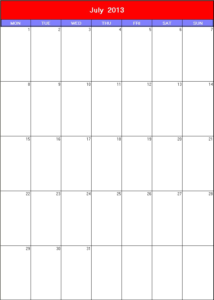 printable blank calendar image for Patriotic 2013