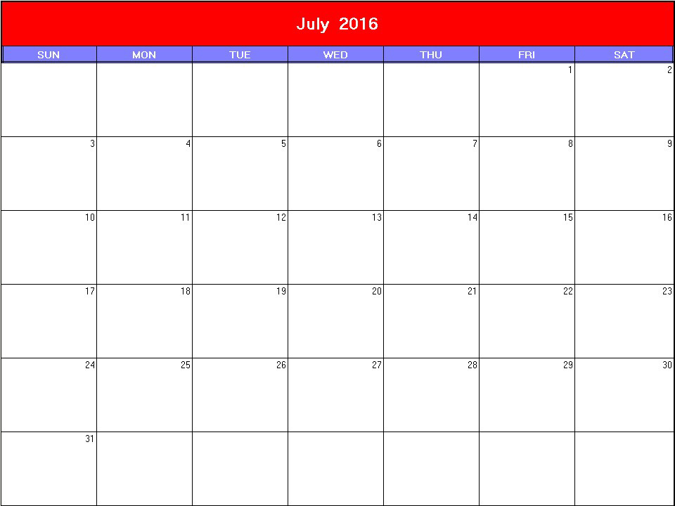 printable blank calendar image for Patriotic 2016