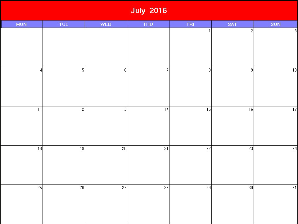 printable blank calendar image for Patriotic 2016