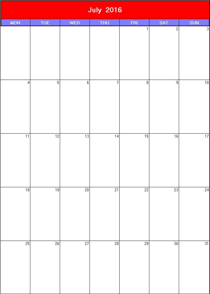 printable blank calendar image for Patriotic 2016