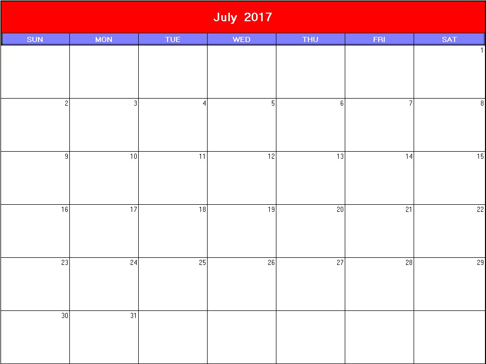 printable blank calendar image for Patriotic 2017