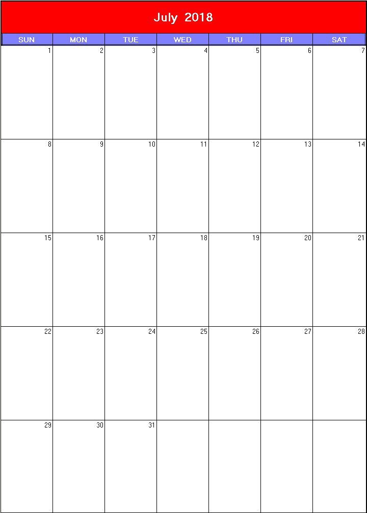 printable blank calendar image for Patriotic 2018