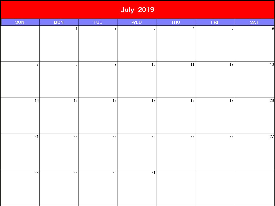 printable blank calendar image for Patriotic 2019