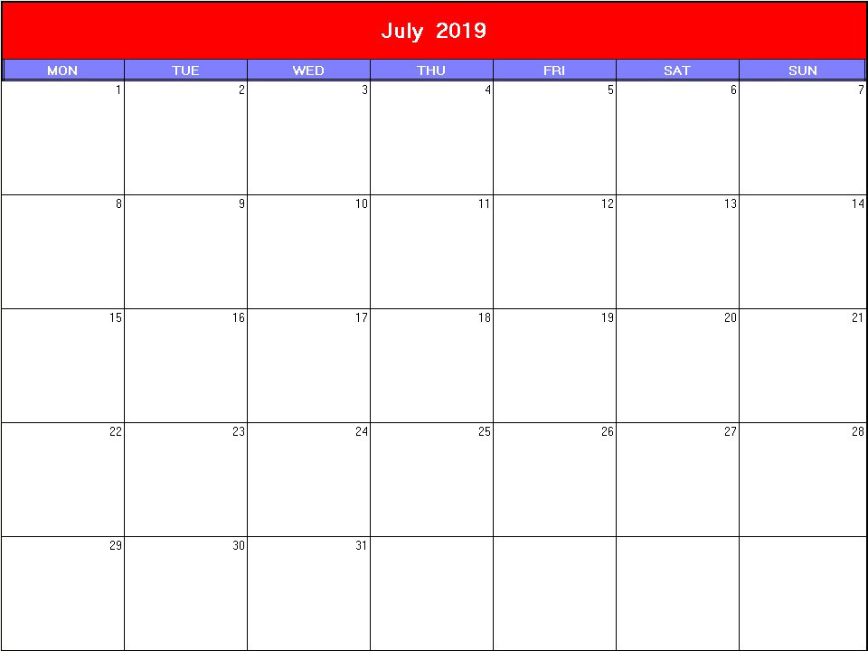 printable blank calendar image for Patriotic 2019