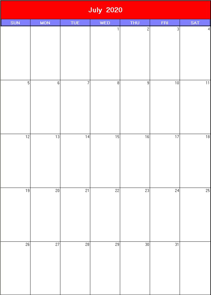 printable blank calendar image for Patriotic 2020