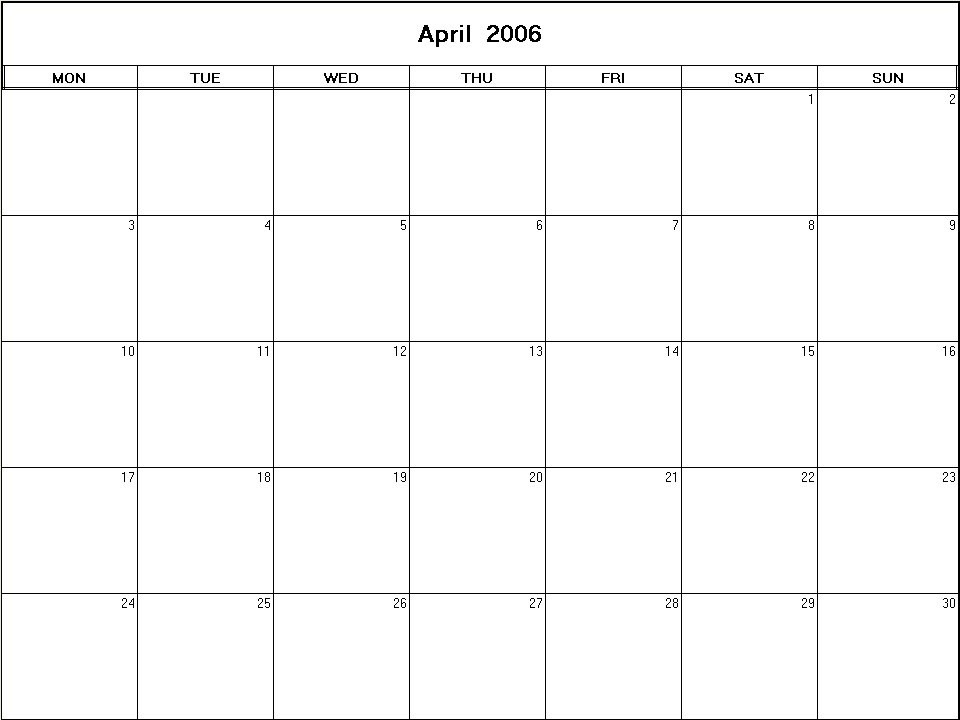 printable blank calendar image for April 2006