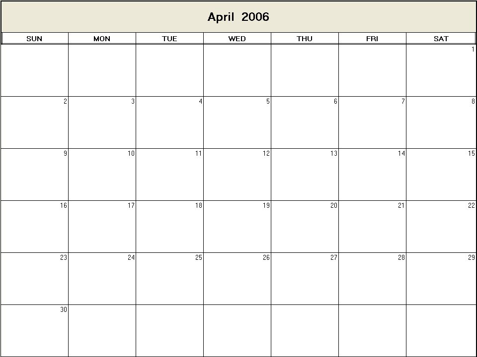 printable blank calendar image for April 2006
