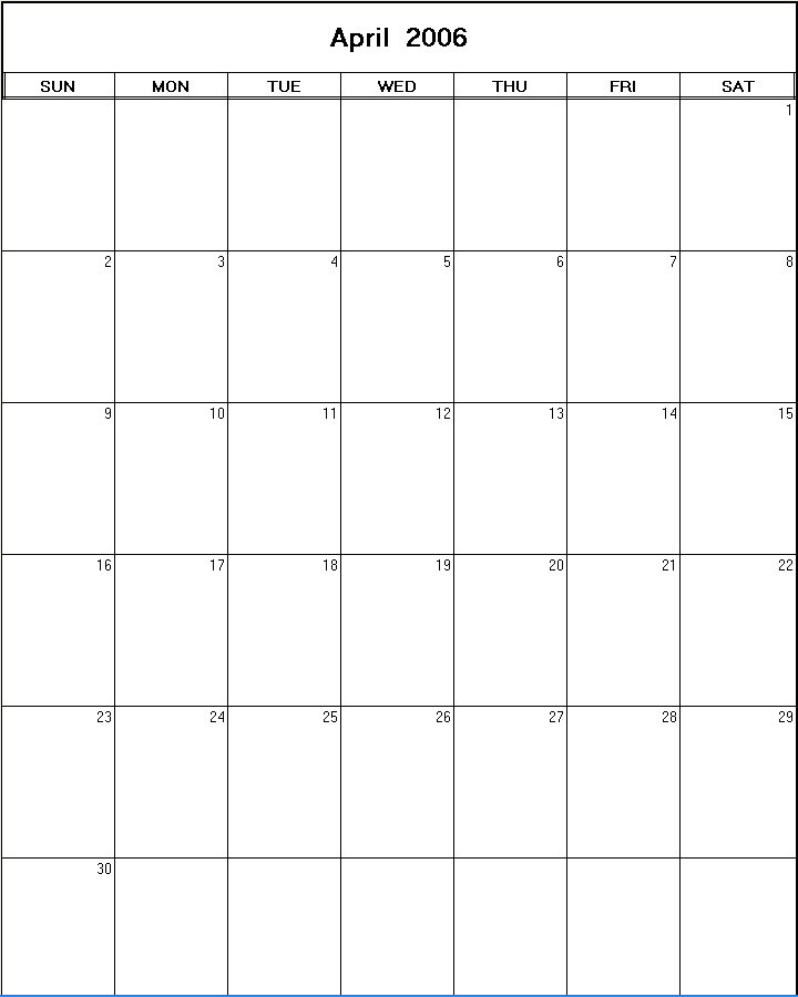 printable blank calendar image for April 2006