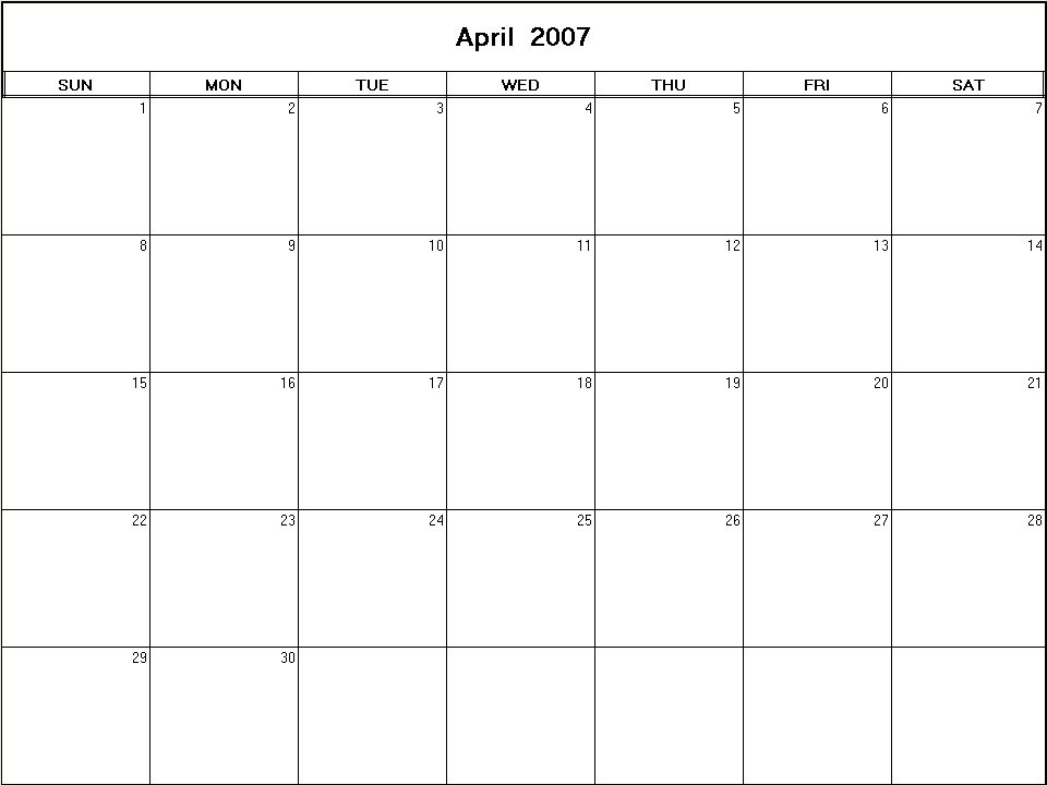 printable blank calendar image for April 2007