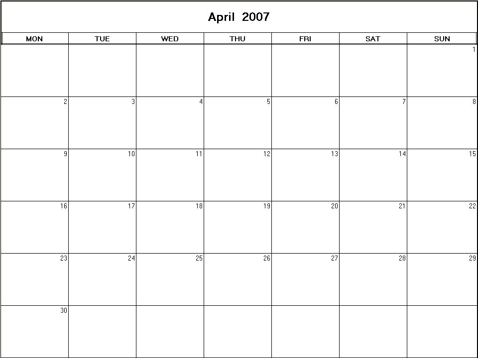 printable blank calendar image for April 2007
