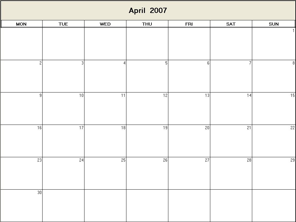 printable blank calendar image for April 2007