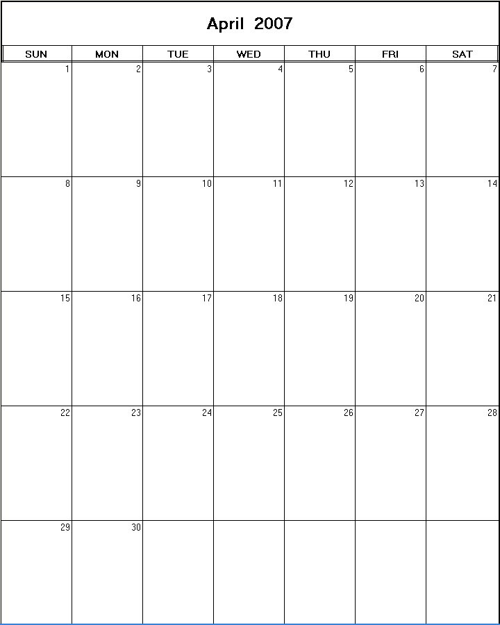 printable blank calendar image for April 2007