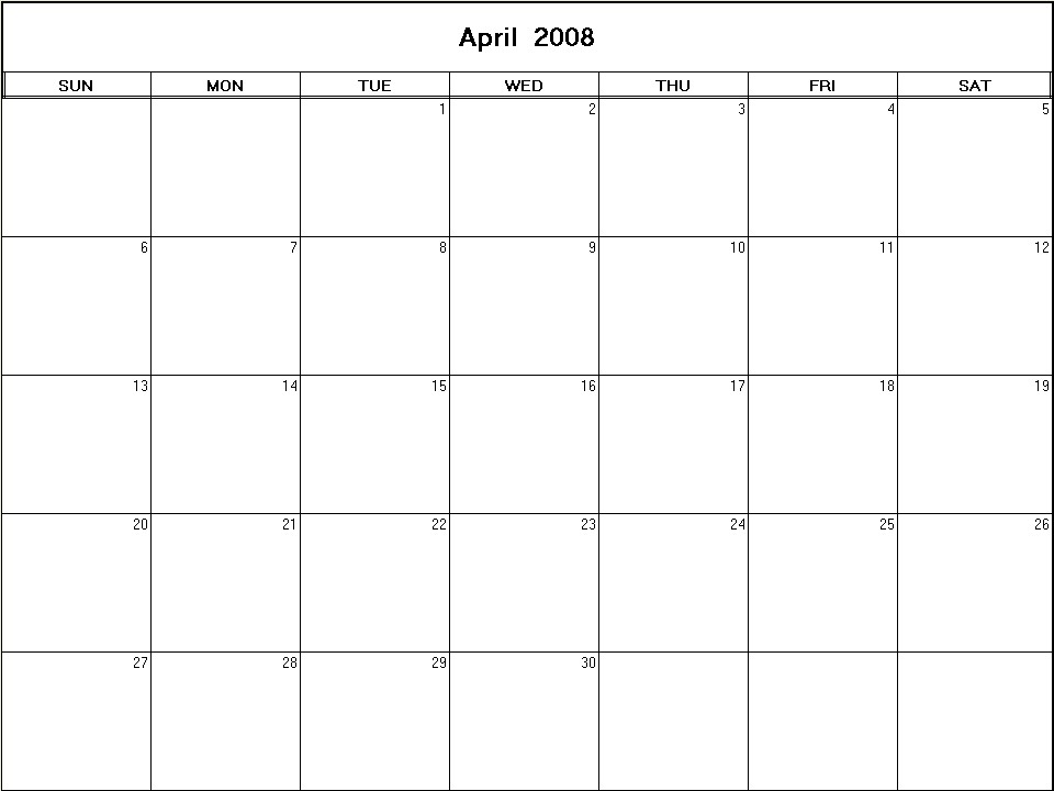printable blank calendar image for April 2008