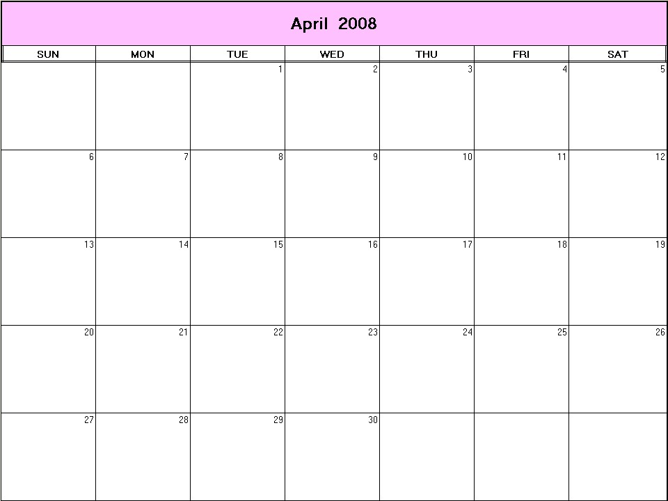 printable blank calendar image for April 2008