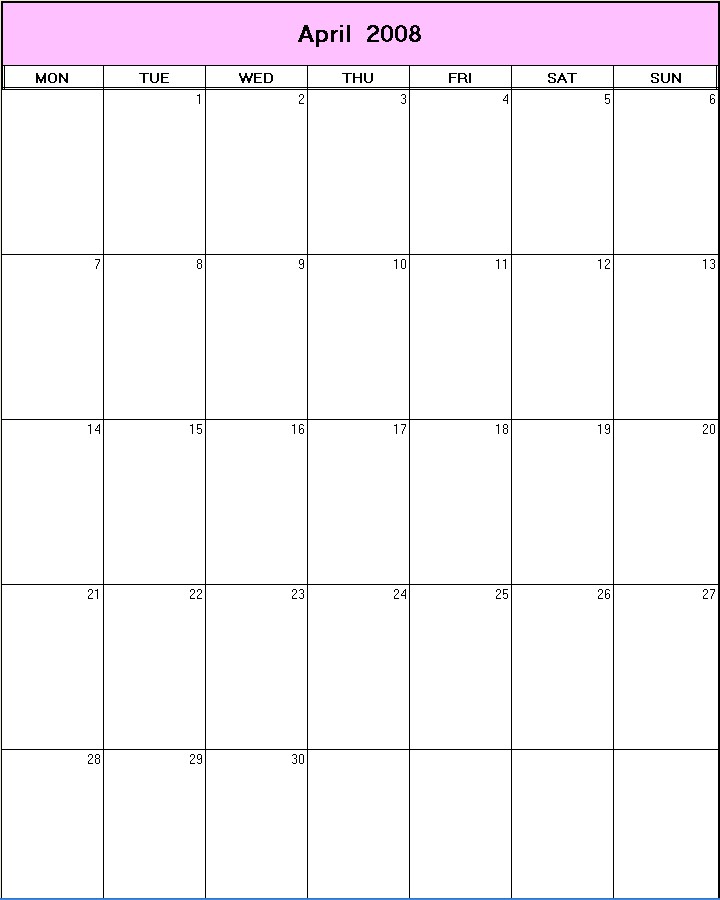 printable blank calendar image for April 2008