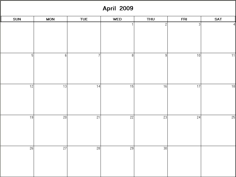 printable blank calendar image for April 2009
