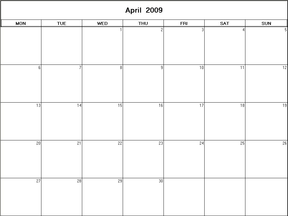 printable blank calendar image for April 2009